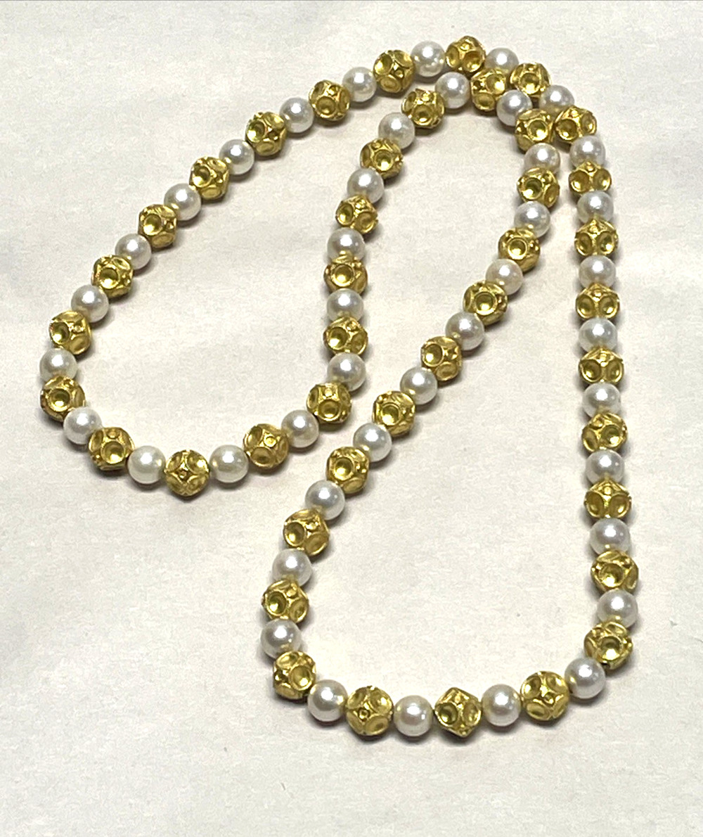Vintage Pearl & Gold Tone Etruscan Style Bead Necklace 28" Long Continuous 71g